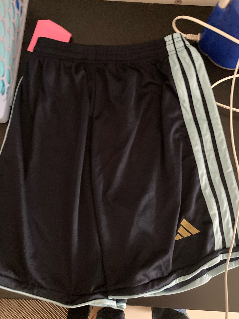 adidas Black Athletic Shorts with Light Blue Stripes and Gold Logo